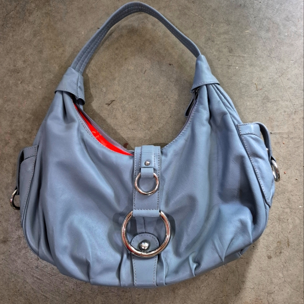 Michael Rome Grey Italian Leather Shoulder Bag with Striking Interior